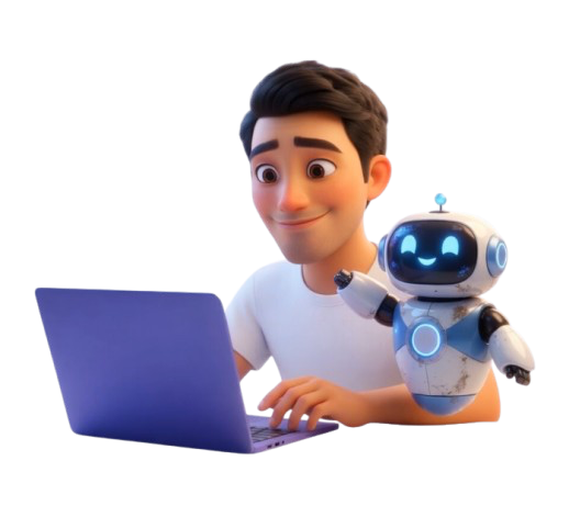 3D illustration of a creator with a laptop next to an assistant robot